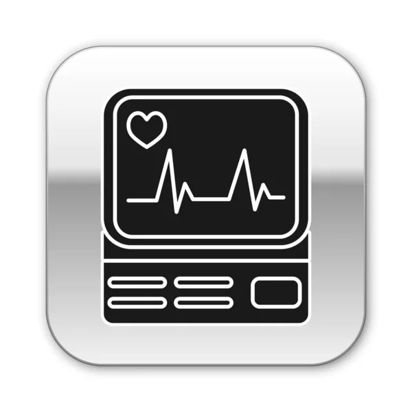 Monitor de ordenador negro con icono de cardiograma aislado sobre fondo blanco. Icono de monitoreo. Monitor ECG con latidos cardíacos dibujados a mano. Botón cuadrado plateado. Ilustración vectorial — Vector de stock