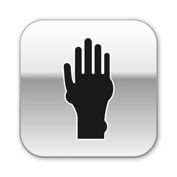 Black Hand with psoriasis or eczema icon isolated on white background. Concept of human skin response to allergen or chronic body problem. Silver square button. Vector Illustration — 스톡 벡터