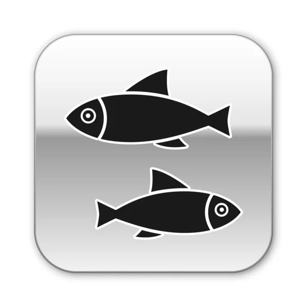Svart fisk ikon isolerad på vit bakgrund. Silverfyrkantig knapp. Vektor Illustration — Stock vektor