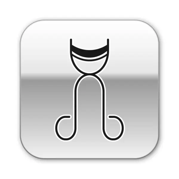 Icono de rizador de pestañas negro aislado sobre fondo blanco. Señal de maquillaje. Botón cuadrado plateado. Ilustración vectorial — Archivo Imágenes Vectoriales