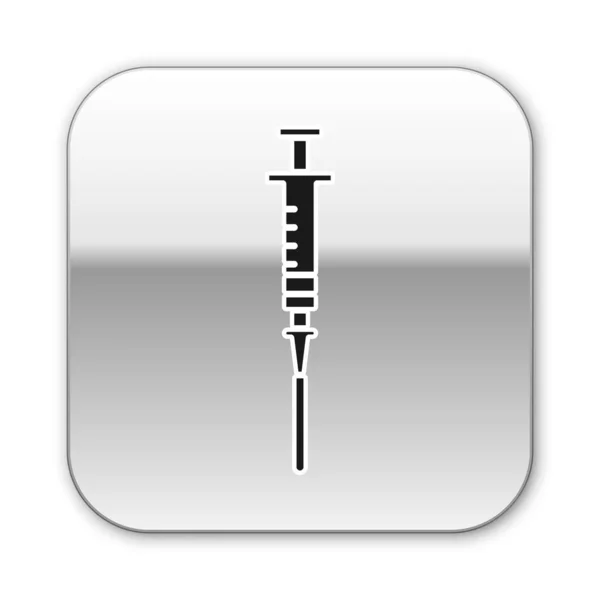 Ícone de seringa preto isolado no fundo branco. Seringa para vacina, vacinação, injeção, injeção de gripe. Equipamento médico. Botão quadrado de prata. Ilustração vetorial — Vetor de Stock