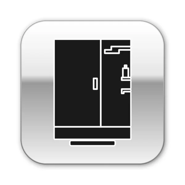 Zwarte douchecabine pictogram geïsoleerd op witte achtergrond. Zilveren vierkante knop. Vector Illustratie — Stockvector