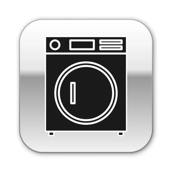 Zwart ring pictogram geïsoleerd op witte achtergrond. Wasmachine icoon. Kleding Wasmachine-wasmachine. Thuis toestel symbool. Zilveren vierkante knop. Vector illustratie — Stockvector