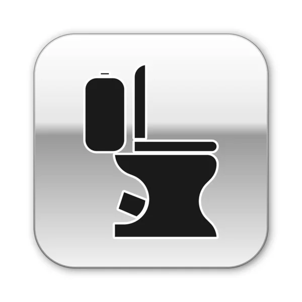 Schwarzes Symbol der Toilettenschüssel isoliert auf weißem Hintergrund. Silberner quadratischer Knopf. Vektorillustration — Stockvektor
