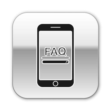 Beyaz arkaplanda Faq bilgi simgesine sahip siyah cep telefonu. Sık sık sorulan sorular. Gümüş kare düğme. Vektör İllüstrasyonu