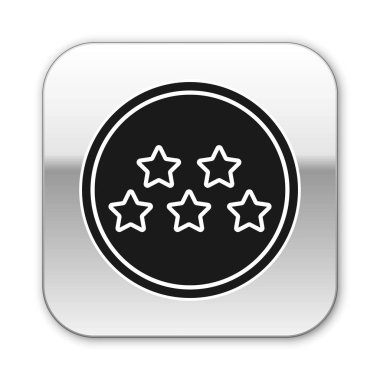 Siyah 5 yıldızlı ürün değerlendirme simgesi beyaz arkaplanda izole edildi. Favori, en iyi derecelendirme, ödül sembolü. Gümüş kare düğme. Vektör İllüstrasyonu