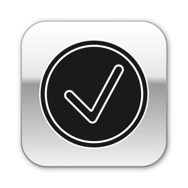 Beyaz arkaplanda izole edilmiş daire simgesindeki siyah kontrol işareti. Seçim düğmesi işareti. İşaretleme sembolü. Gümüş kare düğme. Vektör İllüstrasyonu