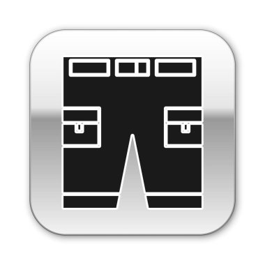 Beyaz arkaplanda siyah ya da kısa pantolon simgesi var. Gümüş kare düğme. Vektör İllüstrasyonu