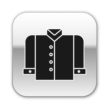 Beyaz arkaplanda siyah tişört simgesi izole edildi. Gümüş kare düğme. Vektör İllüstrasyonu