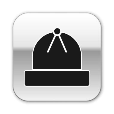 Siyah Kış şapkası simgesi beyaz arkaplanda izole edildi. Gümüş kare düğme. Vektör İllüstrasyonu