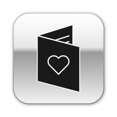 Beyaz arka planda kalp ikonu olan siyah sevgililer günü broşürü. Kutlama için davetiye ya da tebrik kartı şablonu. Gümüş kare düğme. Vektör İllüstrasyonu