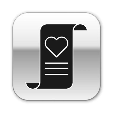 Beyaz arka planda Sevgililer Günü kalp ikonu olan siyah zarf. Mesaj aşkım. Aşk ve romantizm mektubu. Gümüş kare düğme. Vektör İllüstrasyonu