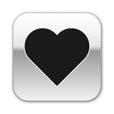 Siyah Kalp simgesi beyaz arkaplanda izole edildi. Romantik sembol, bağlanma, tutku ve düğün. Sevgililer Günü sembolü. Gümüş kare düğme. Vektör İllüstrasyonu