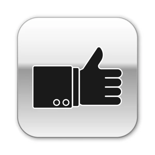 Zwarte Hand duim omhoog pictogram geïsoleerd op witte achtergrond. Zilveren vierkante knop. Vector Illustratie — Stockvector