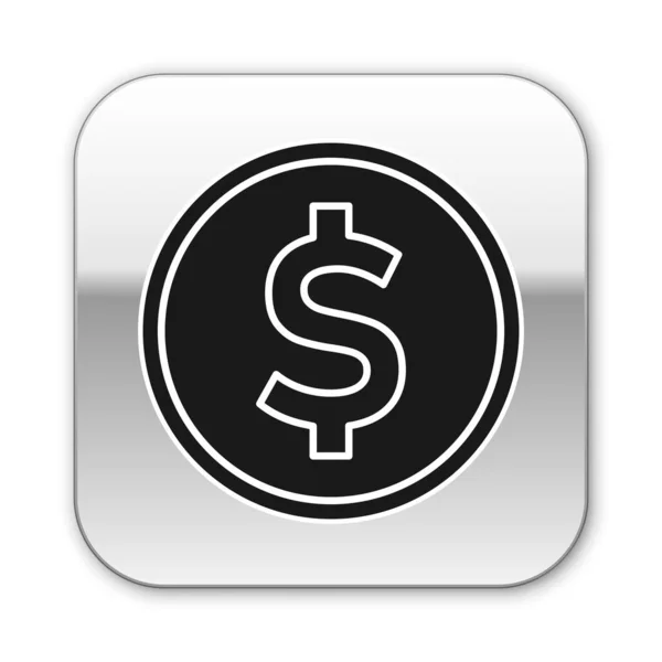 Moneda negra dinero con símbolo de dólar icono aislado sobre fondo blanco. Signo de moneda bancaria. Símbolo efectivo. Botón cuadrado plateado. Ilustración vectorial — Archivo Imágenes Vectoriales