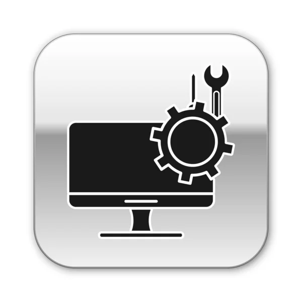 Black Computer monitor dengan obeng dan ikon kunci pas terisolasi pada latar belakang putih. Penyesuaian, pelayanan, pengaturan, pemeliharaan, perbaikan. Tombol persegi perak. Ilustrasi Vektor - Stok Vektor