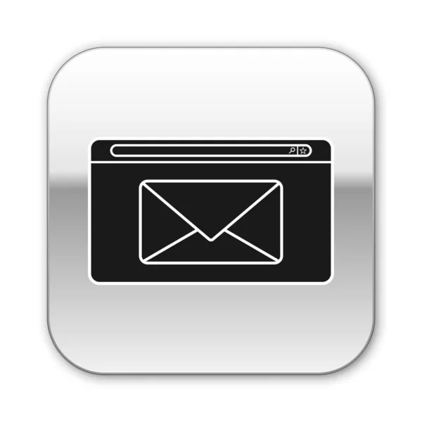 Icono de correo electrónico y correo negro aislado sobre fondo blanco. Envolvente símbolo e-mail. Señal de correo electrónico. Botón cuadrado plateado. Ilustración vectorial — Archivo Imágenes Vectoriales