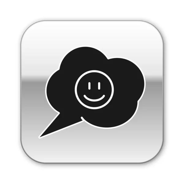 Bulle de parole noire avec icône de visage sourire isolé sur fond blanc. Émoticône souriant. Joyeux symbole de chat souriant. Bouton carré argenté. Illustration vectorielle — Image vectorielle