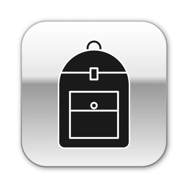 Black Backpack icon isolated on white background. Silver square button. Vector Illustration — 스톡 벡터