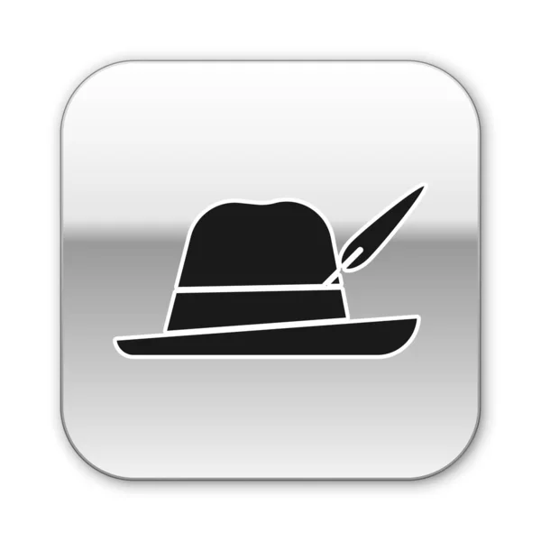 Negro Oktoberfest sombrero icono aislado sobre fondo blanco. Sombrero de cazador con pluma. Sombrero alemán. Botón cuadrado plateado. Ilustración vectorial — Vector de stock