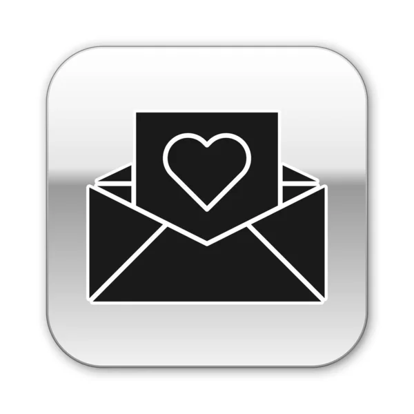 Schwarzer Umschlag mit Valentinsherz-Symbol auf weißem Hintergrund. Botschaft Liebe. Brief Liebe und Romantik. Silberner quadratischer Knopf. Vektorillustration — Stockvektor