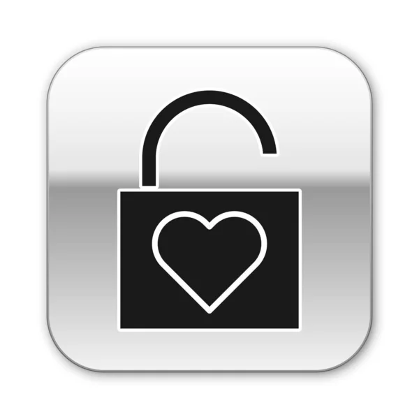 Zwart Lock en hart pictogram geïsoleerd op witte achtergrond. Vergrendeld hart. Liefdessymbool en sleutelgat teken. Valentijnsdag symbool. Zilveren vierkante knop. Vector Illustratie — Stockvector