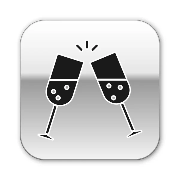 Černá skleněná ikona šampaňského izolovaná na bílém pozadí. Stříbrné čtvercové tlačítko. Vektorová ilustrace — Stockový vektor