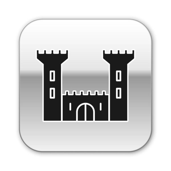 Black Castle icon isolated on white background. Fortress sign. Silver square button. Vector Illustration