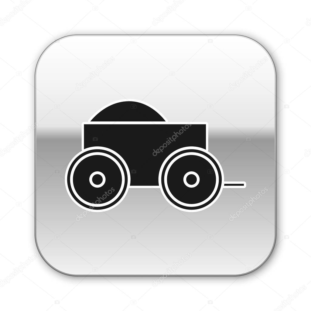 Black Wooden four-wheel cart with hay icon isolated on white background. Silver square button. Vector Illustration