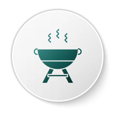 Beyaz arka planda yeşil ızgara ikonu izole edildi. Barbekü ızgara partisi. Beyaz daire düğmesi. Vektör İllüstrasyonu