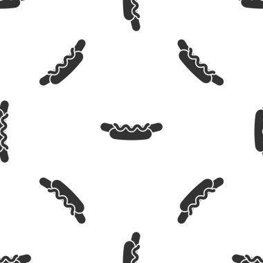 Hardal ikonlu gri Hotdog sandviçi beyaz arka planda izole edilmiş kusursuz desen. Sosis ikonu. Sokak fast food menüsü. Vektör İllüstrasyonu