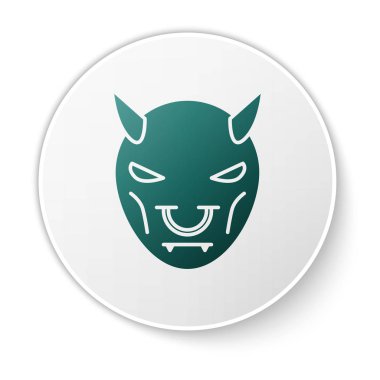 Beyaz arka planda izole edilmiş boynuz simgesi olan şeytanın Yeşil Maskesi. Beyaz daire düğmesi. Vektör İllüstrasyonu