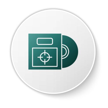 Beyaz arkaplanda izole edilmiş kutucuk simgesindeki Yeşil CD veya DVD diski. Küçük disk işareti. Beyaz daire düğmesi. Vektör İllüstrasyonu