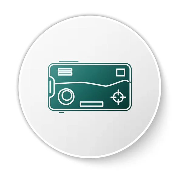 Smartphone verde y jugar en el icono del juego aislado sobre fondo blanco. Concepto de juego móvil. Botón círculo blanco. Ilustración vectorial — Vector de stock