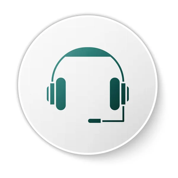 Icono de auriculares verdes aislado sobre fondo blanco. Auriculares. Concepto para escuchar música, servicio, comunicación y operador. Botón círculo blanco. Ilustración vectorial — Archivo Imágenes Vectoriales