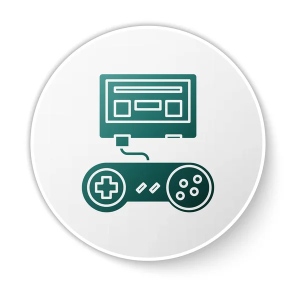 Green Video game console with joystick icon isolated on white background. White circle button. Vector Illustration — Stock Vector