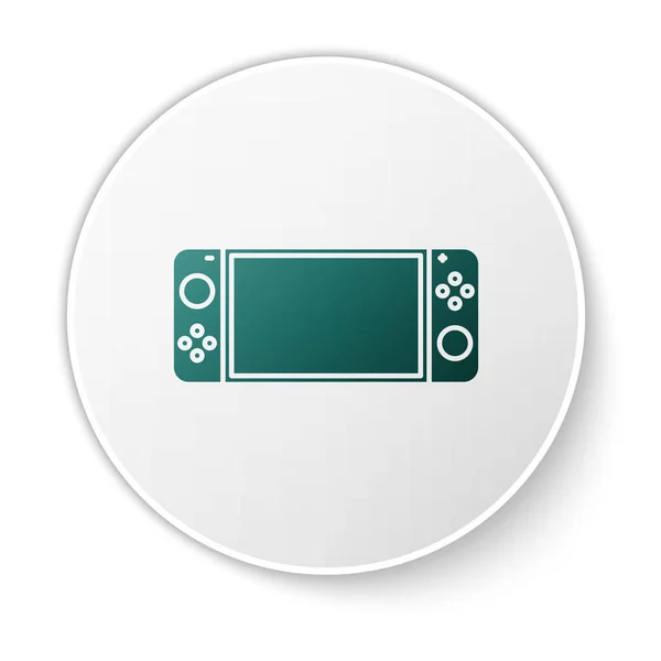 Icône de console de jeu vidéo portable verte isolée sur fond blanc. Panneau de jeu. Concept de jeu. Bouton rond blanc. Illustration vectorielle — Image vectorielle