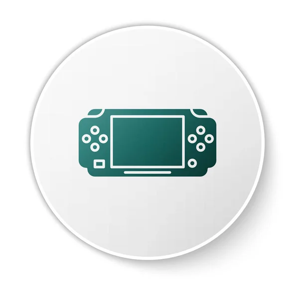 Ícone de console de videogame portátil verde isolado em fundo branco. Sinal do Gamepad. Conceito de jogo. Botão de círculo branco. Ilustração vetorial — Vetor de Stock