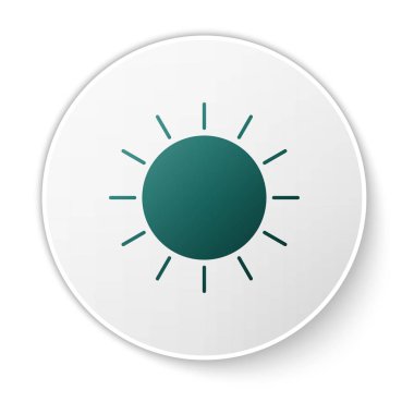 Yeşil Güneş simgesi beyaz arka plan üzerinde izole. Beyaz daire düğmesi. Vektör İllüstrasyonu