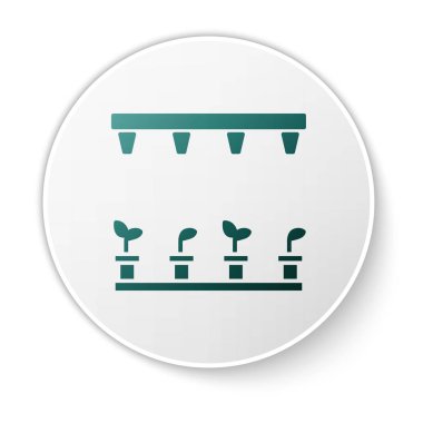 Yeşil Otomatik sulama sprinkler simgesi beyaz arka plan üzerinde izole. Sulama ekipmanları. Bahçe elementi. Sprey tabanca simgesi. Beyaz daire düğmesi. Vektör İllüstrasyonu