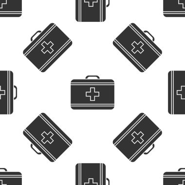 Gri ilk yardım çantası ikonu beyaz arka planda izole edilmiş pürüzsüz desen. Haçlı sağlık kutusu. Acil durumlar için tıbbi ekipman. Sağlık sigortası konsepti. Vektör İllüstrasyonu