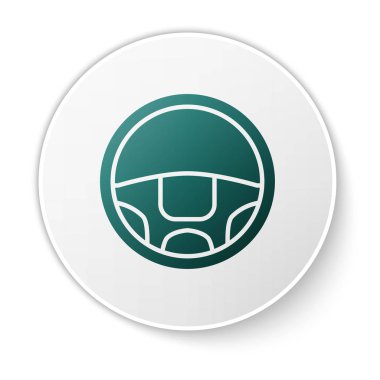 Yeşil direksiyon simgesi beyaz arkaplanda izole edildi. Araba tekeri ikonu. Beyaz daire düğmesi. Vektör İllüstrasyonu