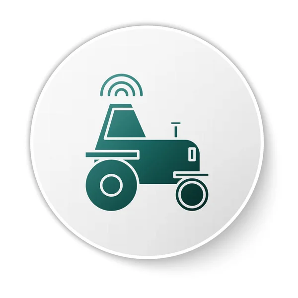 Green Self driving wireless tractor on a smart farm icon isolated on white background. Smart agriculture implement element. White circle button. Vector Illustration — 图库矢量图片