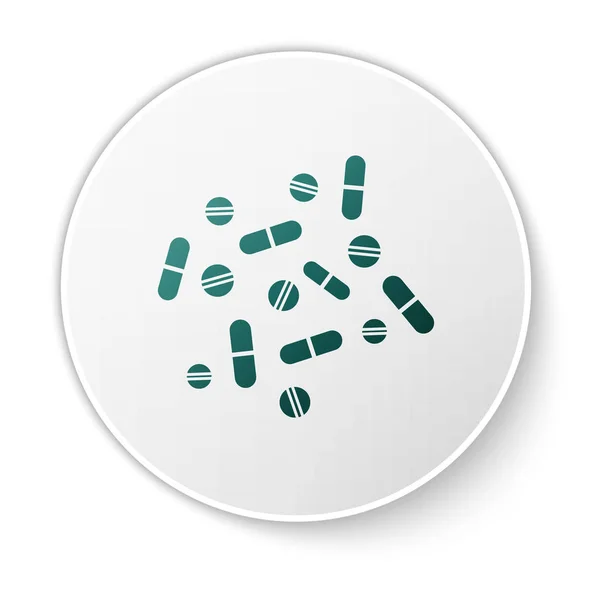 녹색 의학 알 약 또는 태블릿 아이콘 흰색 배경에 격리. 캡슐 알 약 및 약물 기호. 약국 디자인. 흰색 원 버튼. 벡터 일러스트레이션 — 스톡 벡터