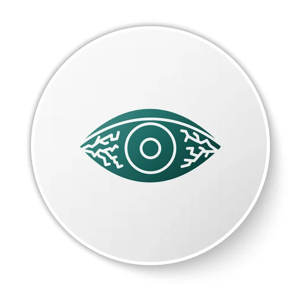 Grüne rötliche Augen aufgrund viraler, bakterieller oder allergischer Bindehautentzündung auf weißem Hintergrund. weißer Kreis-Knopf. Vektorillustration — Stockvektor