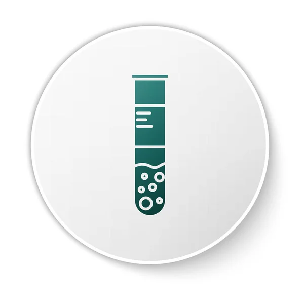 Zöld kémcső és lombik kémiai laboratóriumi vizsgálati ikon izolált fehér alapon. Laboratóriumi üvegáru jel. Fehér kör gomb. Vektorillusztráció — Stock Vector