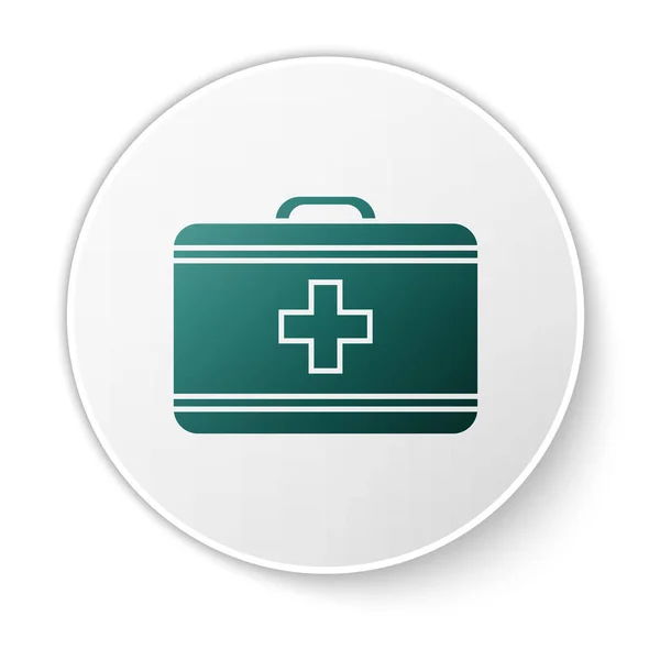 Ikon kit pertolongan pertama hijau diisolasi pada latar belakang putih. Kotak medis dengan salib. Peralatan medis untuk keadaan darurat. Konsep perawatan kesehatan. Tombol lingkaran putih. Ilustrasi Vektor - Stok Vektor