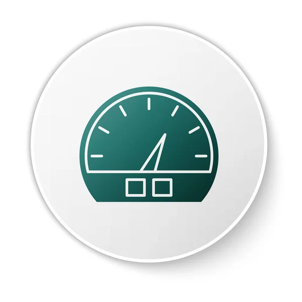 Πράσινο εικονίδιο ταχύμετρου απομονωμένο σε λευκό φόντο. Λευκό κουμπί κύκλου. Εικονογράφηση διανύσματος — Διανυσματικό Αρχείο