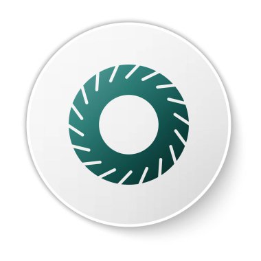 Yeşil araba lastik ikonu beyaz arka planda izole edildi. Beyaz daire düğmesi. Vektör İllüstrasyonu