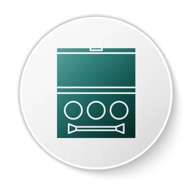 Beyaz zemin üzerinde fırça simgesi olan yeşil göz gölgesi paleti. Beyaz daire düğmesi. Vektör İllüstrasyonu